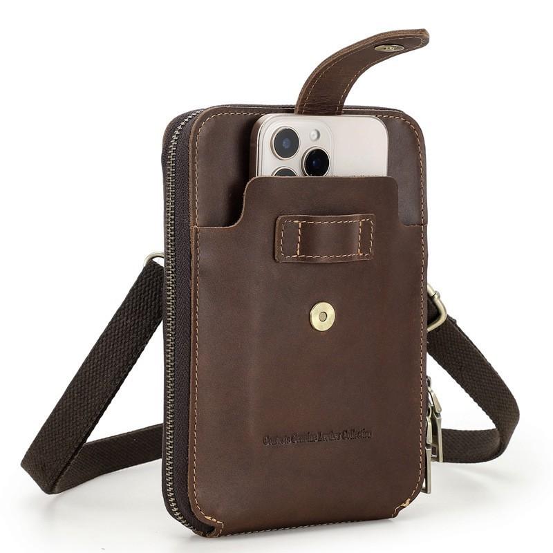 Retro Top Layer Cowhide Fashionable Large Screen Mobile Waist Bag Multifunctional Genuine Leather Men's Shoulder Crossbody