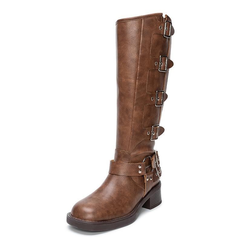 Whole cowhide~ Yi Mengling buckle catwalk belt buckle leather thick heel retro cowboy knight medium boots