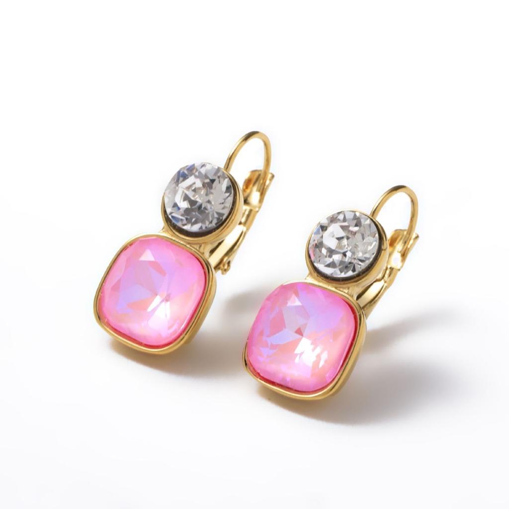 CARLIDANA 18K Gold Plated Stainless Steel Square Shaped Colorful Pink Crystal Stone Stud Dangle Earrings for Women Jewelry