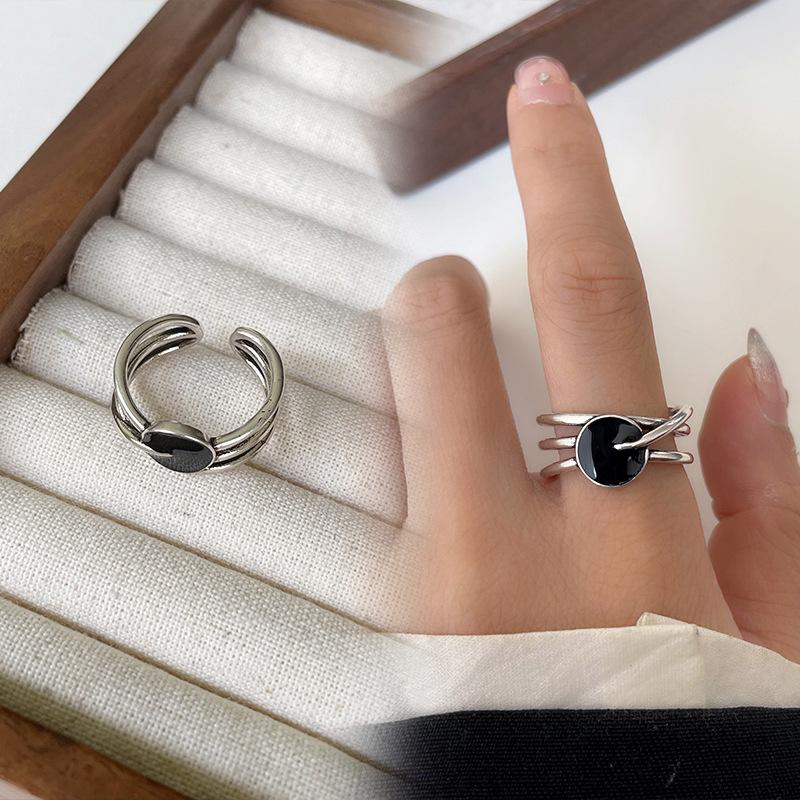 Black Drip Glaze Retro Thai Silver Jewelry Women's Non-fading High-end Open Ring