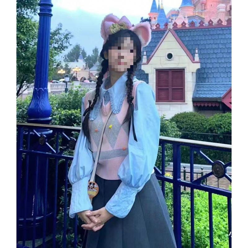 2024 Pink Knit Vest with Blue Doll Collar for Women - Autumn Style