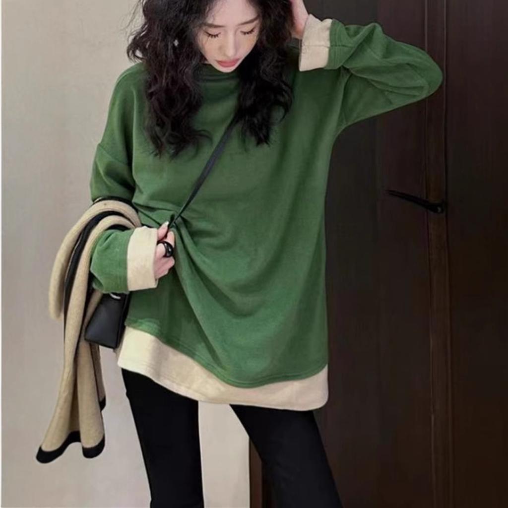 Contrast Color Fake Two-piece Bottoming Shirt for Women Autumn Winter Loose Mid-length Long-sleeved T-shirt Top