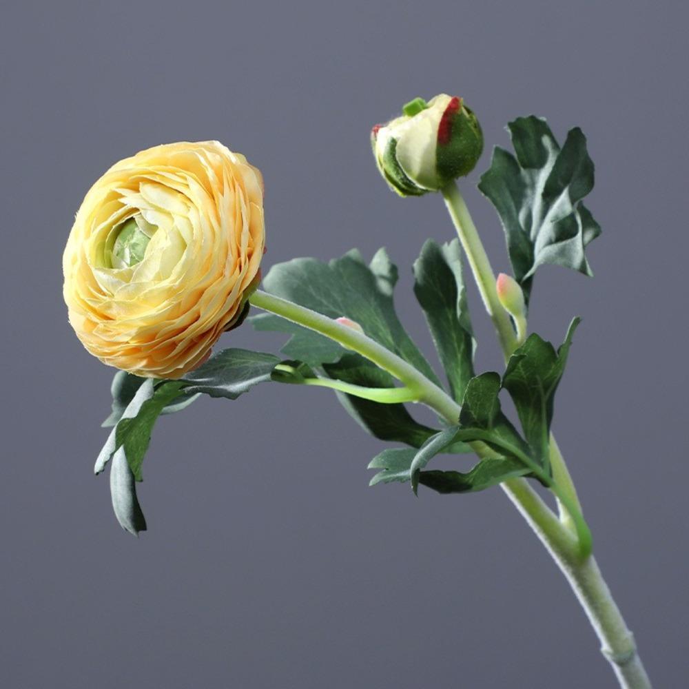 Plastic Material Artificial Flower 2 Head Design Realistic Texture Artificial Ranunculus Asiaticus Silk Fabric Faux Bloom