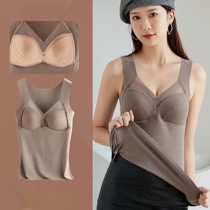 Winter Women's Velvet Thermal Vest Sleeveless Thermal Underwear with Bra Pads Sleeveless Bottoming Shirt Fleece Undershirt with Bra Pads