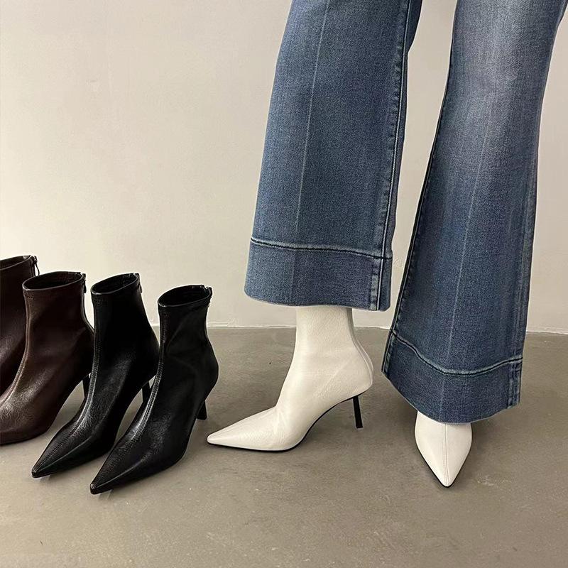 Cowhide version~ Korean version of retro style temperament pointed head high heel short boots women's rear zipper thin heel leather short thin boots