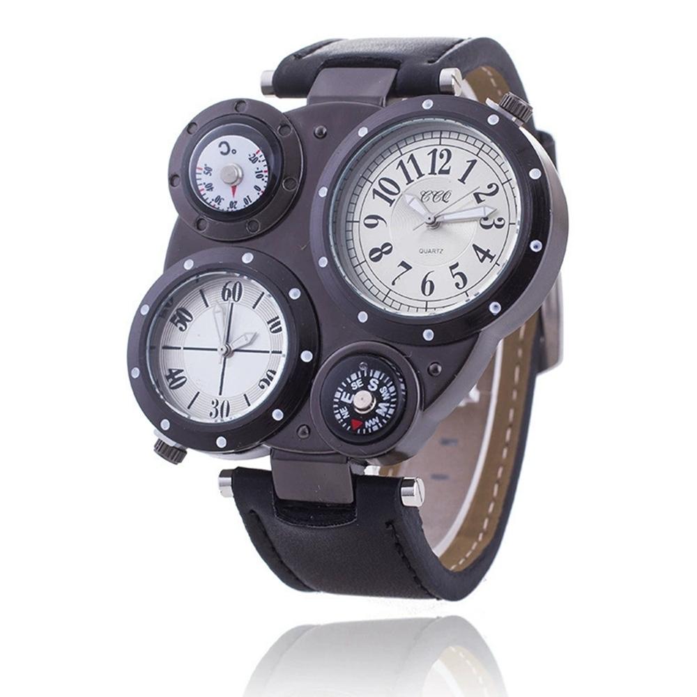 Trendy Fashion Men Leather Watch Vintage Double Dial Large Men Quartz Wristwatch Business Banquet Decoration Watches Learn Clock