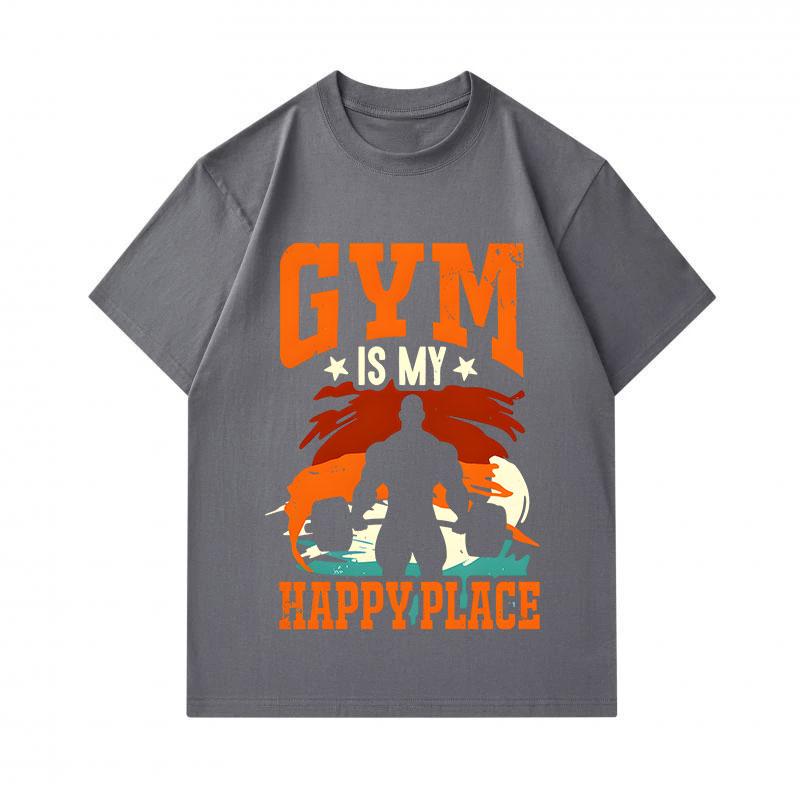 Men's 100% Cotton Crew Neck Short Sleeve T-Shirt, Gym Is My Happy Place Retro Workout Fitness Printed Casual Daily Comfortable Lightweight Top for Gym