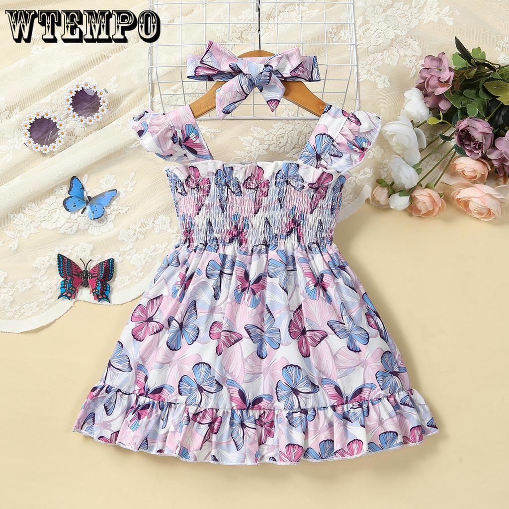 2-teiliges Set mit entzückendem Kleid mit Schmetterlings-Print und Schleife, Stirnband für Babys, 2023 Sommer, Säuglings-Neugeborenenkleidung