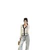 Trendy European Knit V-Neck Cardigan with Embroidered Patch and Contrasting Edges