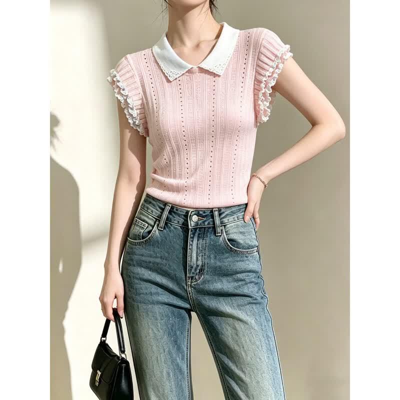 La Chapelle Summer Lightweight Knit Top with Hollow-Out Pattern L