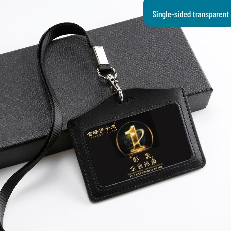 Genuine Leather Double-Sided ID Card Holder with Transparent Windows and Lanyard