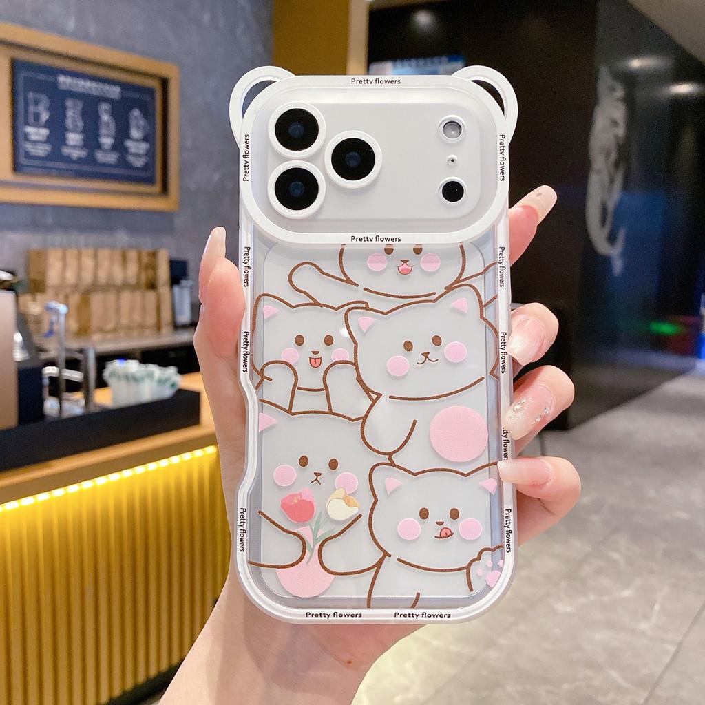 Korean Cute Flower Bear Ears Crossbody Lanyard Case For iPhone 17 16 15 14 13 12 11 Pro Max XS Max 7 8 Plus Cover Women Girl's
