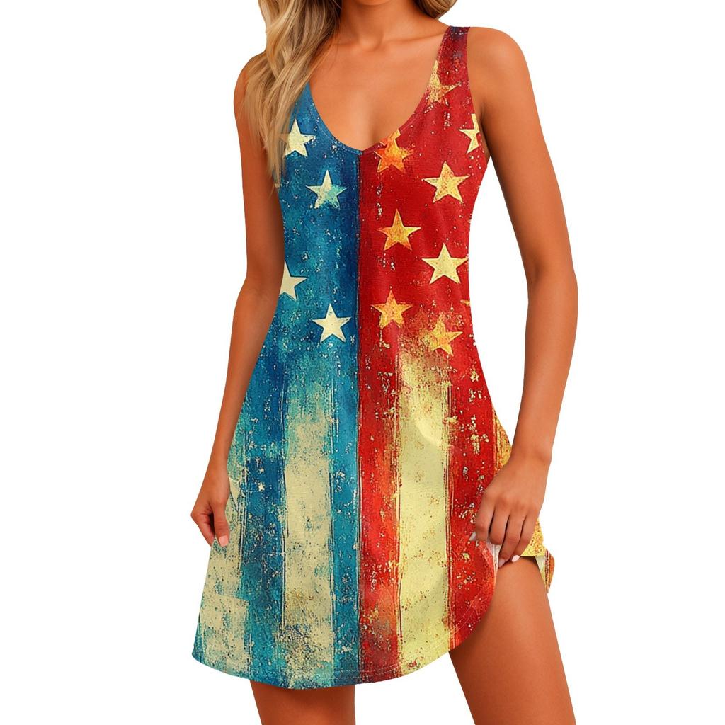 Damen Sommerkleid mit Print und Taschen, lässig, Sommer, Boho, Strandkleid, T-Shirt-Kleid, V-Ausschnitt, lockere Tanktop-Kleider