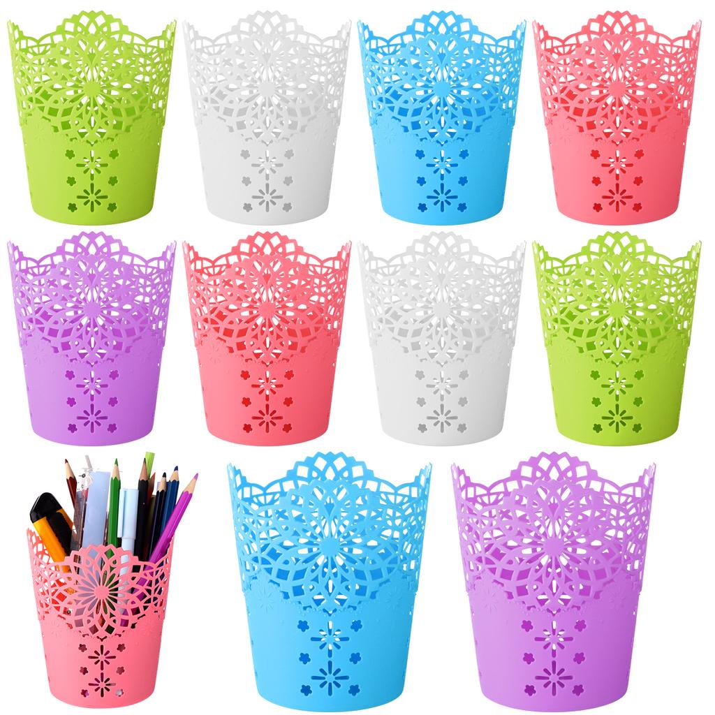 Ulele 10 Pcs Pencil Holder Cup Hollow Flower Pencil Pots Plastic Vase Pen Pot Holder Makeup Brush Storage Organizer Container Or