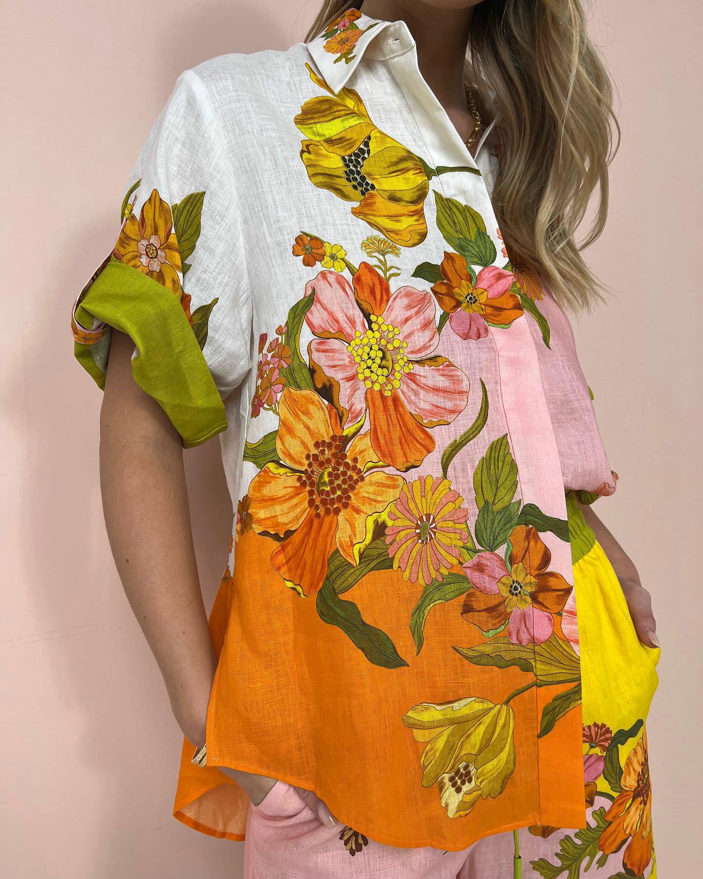 

2023 Европейский и американский принт Хлопок Лен Комплект из двух предметов: Топ + Брюки палаццо Extra Large