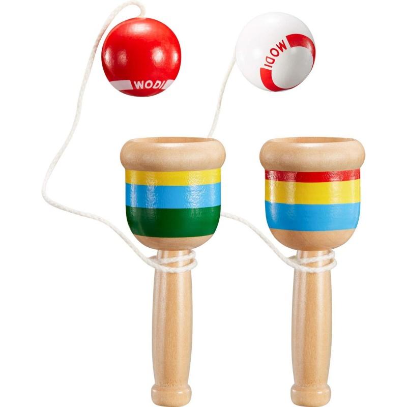 Classic Cup-And-Ball Game Wooden Coordination Balance Toy Red White Beads String Stacking Cups Outdoor/ Party Activity Gift
