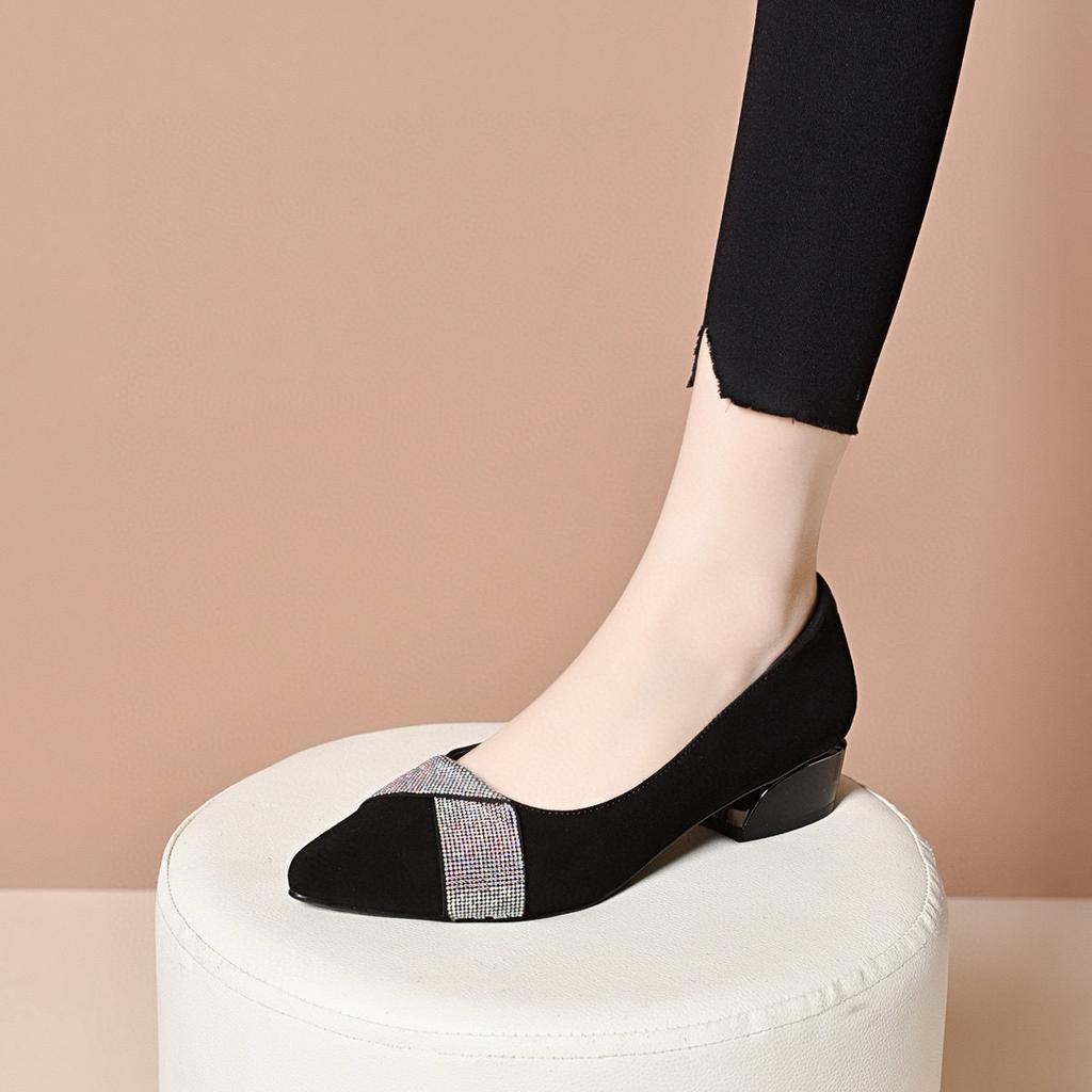 Pointed single shoes women's 2025 spring shallow loafers simple temperament rhinestone banquet shoes two kinds of high foot shoes