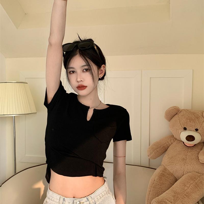 Nischen V-Ausschnitt Kurzarm T-Shirt für Damen Design Slim Basic Shirt für Sommer Kurz Slim Hot Girl Top
