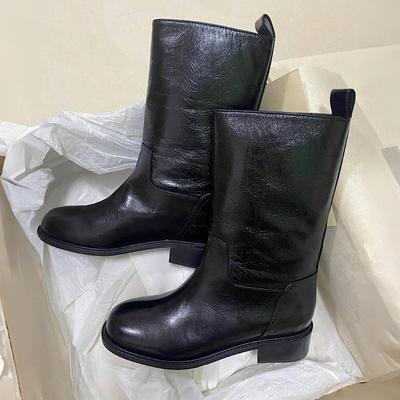 Fever Style Women's Western Cowboy Boots - Genuine Leather, Mid-Calf, Vintage Low Heel, Straight Leg Knight Boots