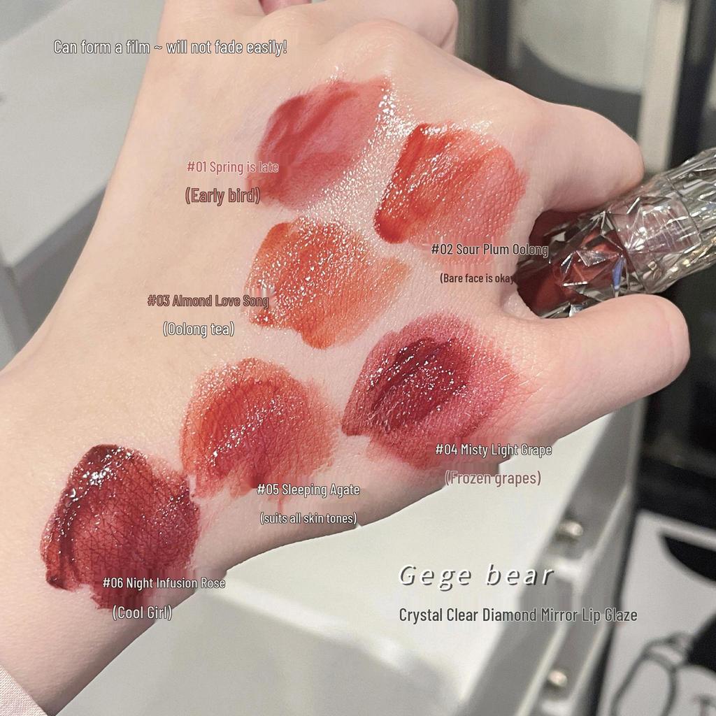 Gegebear Crystal Diamond Mirror Lip Gloss - Chestnut Red, Non-Transfer, Whitening, Spring/Summer Shade.