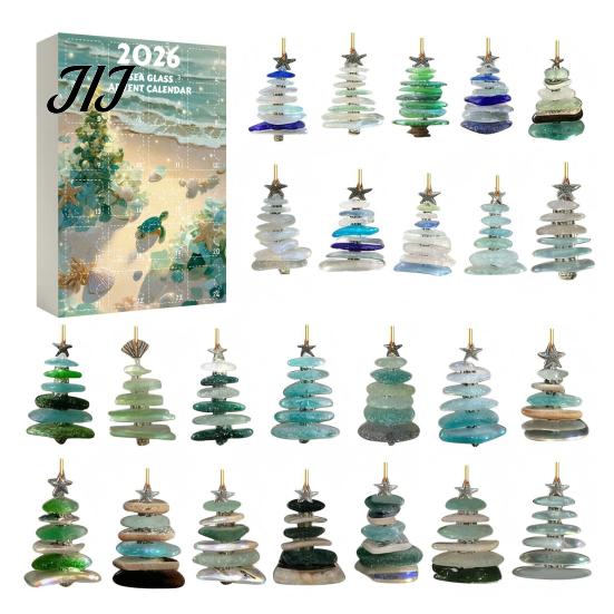 Festive Home Hanging Decorations 2026 Sea Glass Style Christmas Countdown Calendar Blind Box, 24Pcs Unique Tree Pendants Acrylic Ornaments,