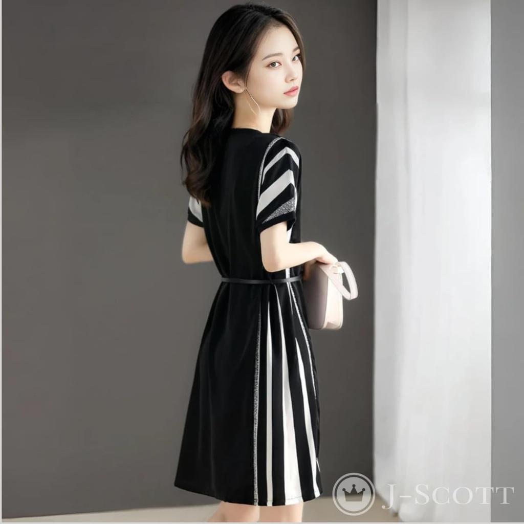 J-Scott Belted Striped Dress, Above Knee, Flared, Short Dolman Sleeves, Luxury Black, JS53-BK-M (Limited Stock)