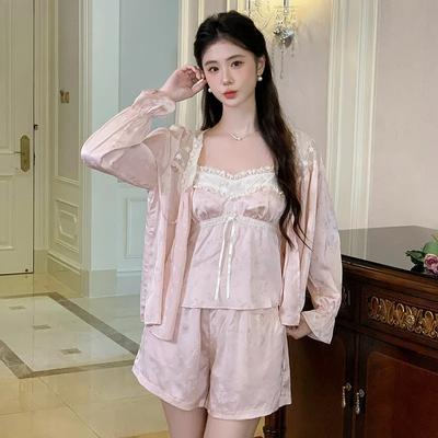 Pyjama-Set Neu Träger Oberbekleidung Eis-Seide Sexy Dreiteilig Langärmelig Oberbekleidung Hauskleidung für Damen
