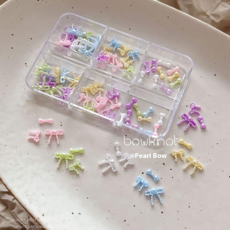 6 Grids Colorful Pearl Ribbon Bow Nail Decoration Resin Macaron Accessories Diy Nail Glamour Stereoscopic Nail Salon