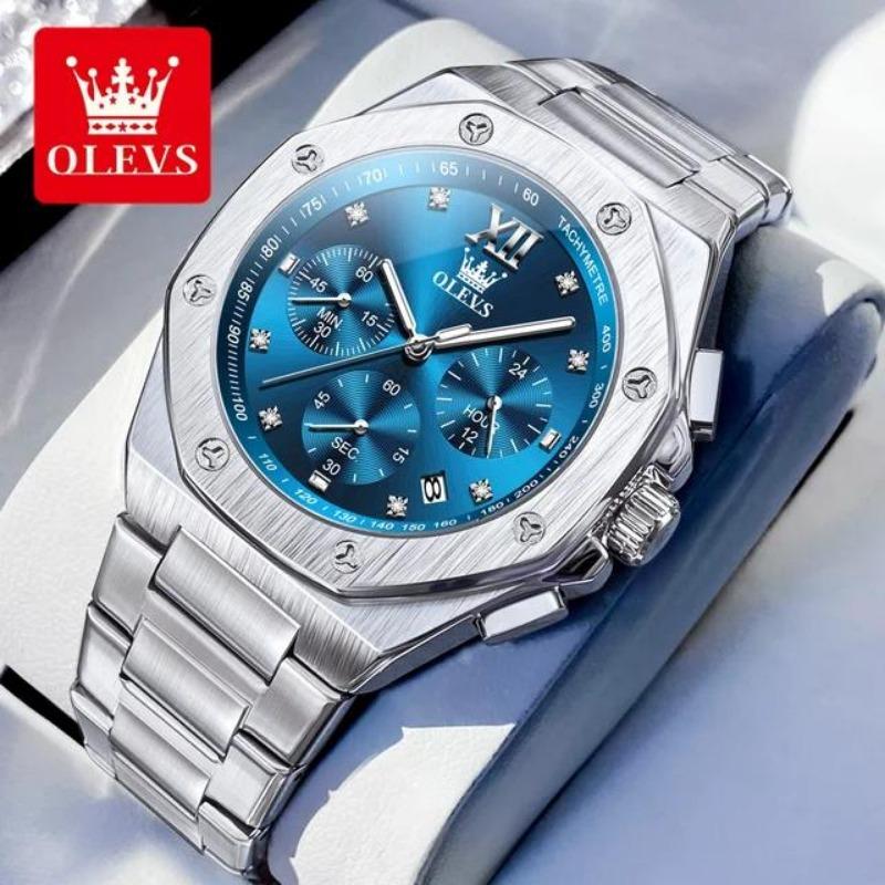 OLEVS Quartz Men Watch Multifunctional Luxury Wristwatch Diamonds Gold Stainless Steel Waterproof Clock