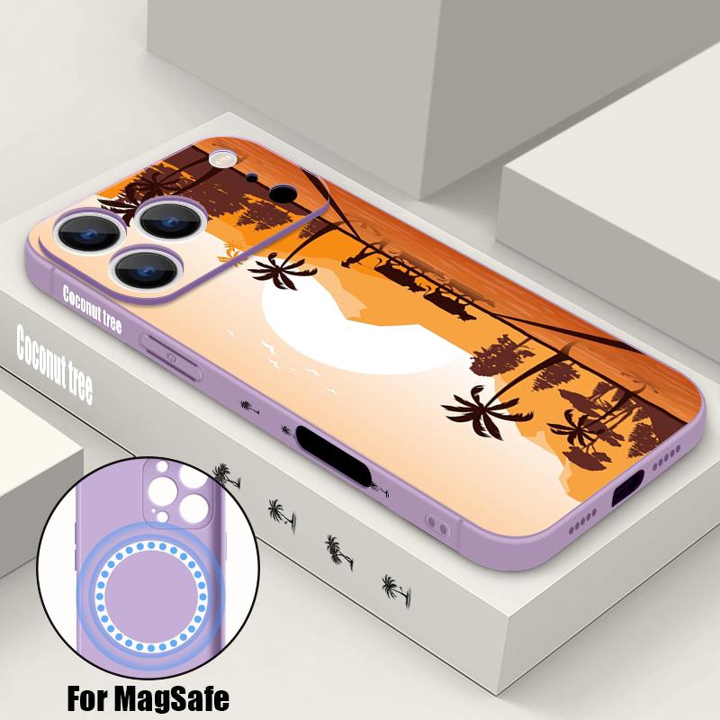 Magnetic For Magsafe Case For iPhone 17 Pro Max Seaside Coconut Print Soft Silicone Phone Back Cover For iPhone 16 15 14 13 Pro Max 16e 17e