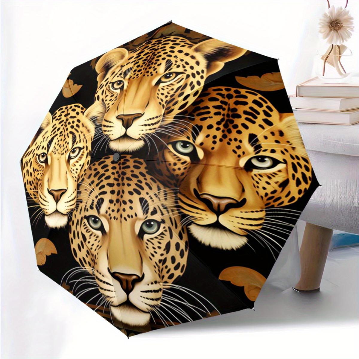

1pc Automatic Open/Close Umbrella - Golden Leopard Headshot Pattern in Black & Golden, Heavy-Duty 8-Rib Construction, Compact (as the picture,Iron&8K)