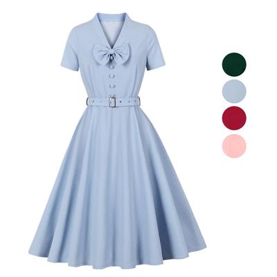 Women’s Retro Swing Dresses Short Sleeves V-neck Bow Button-up Belt Hepburn-style Dress High Waist Casual Wear