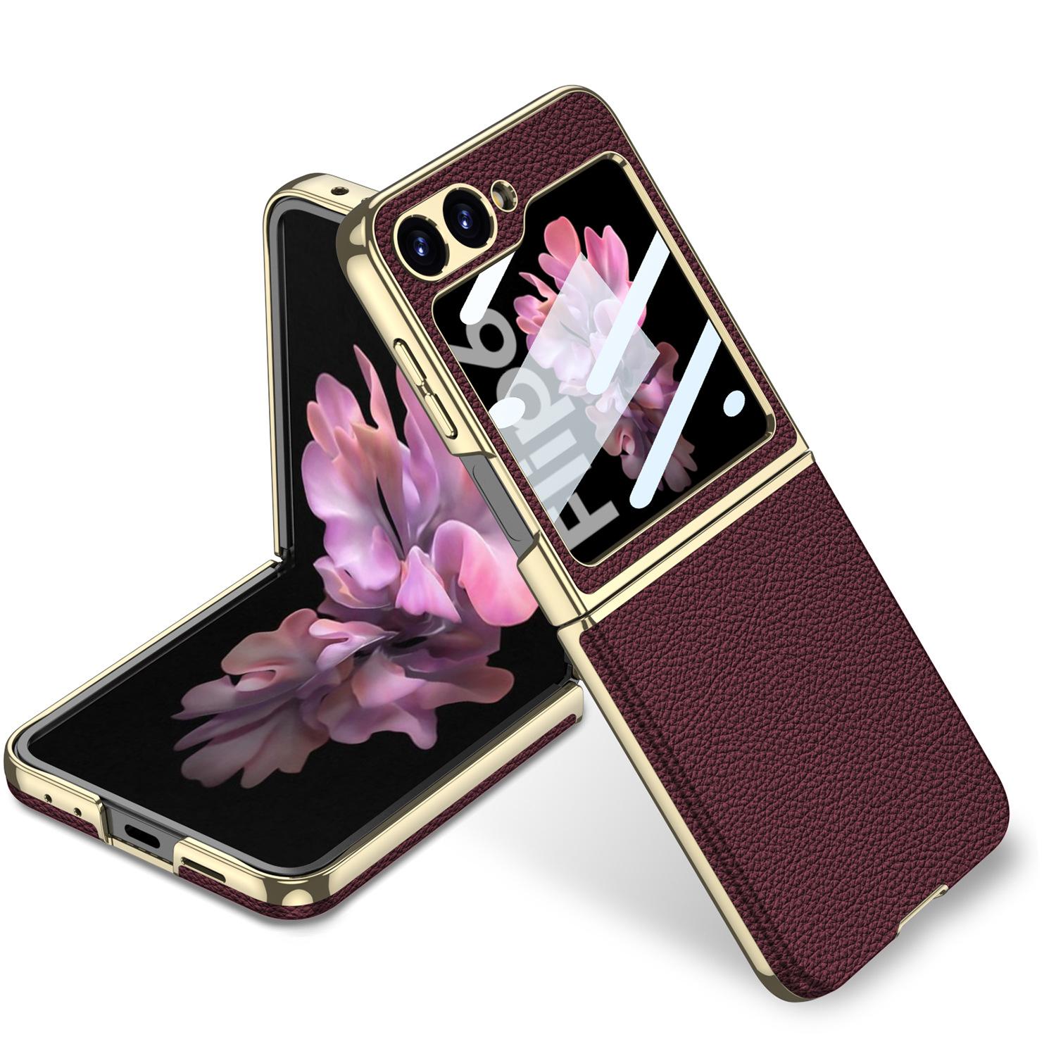 

Чехол для мобильного телефона Samsung Zflip6, узор из кожи личи, складной флип-6, индивидуальный гальванизированный чехол с изогнутой поверхностью из гладкой кожи, защитный чехол SM-Flip6