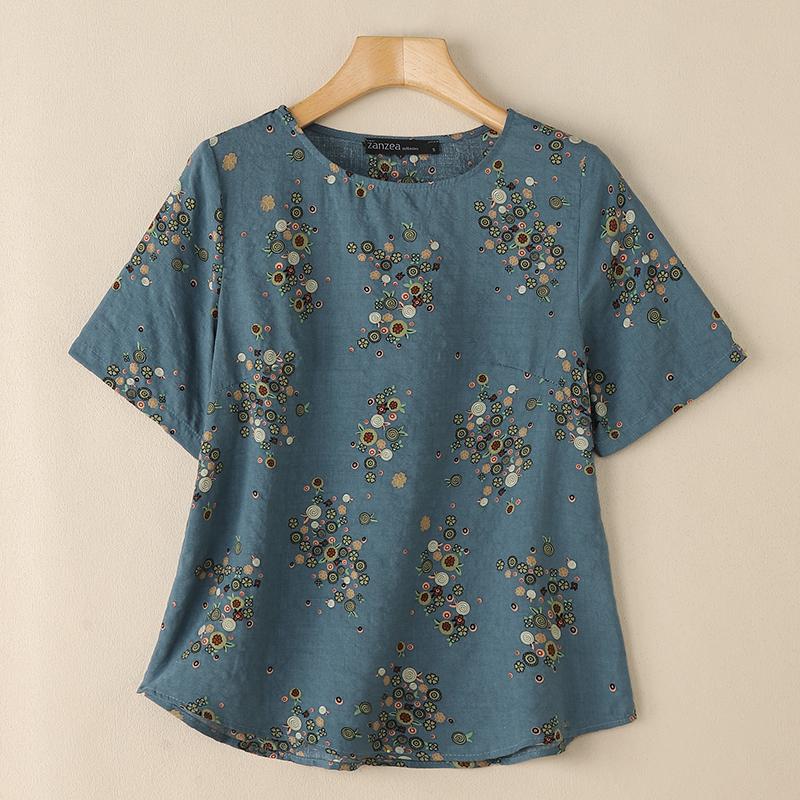 

ZANZEA Женская повседневная блузка с круглым вырезом, рукавом до локтя, свободного кроя, с цветочным принтом XL синий