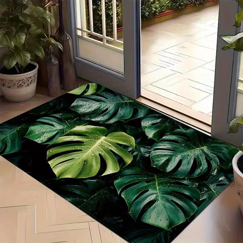 2D Flat Green Leaf Pattern Anti Slip Mat Home Carpet Holiday Party Decoration Multiple Scenes Fluffy Winter Decoration Carpet 40cm x 60cm