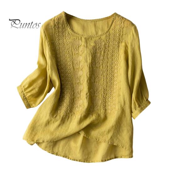 

Женская рубашка с круглым вырезом и коротким рукавом, вышитый цветочный узор, топы, однотонная тонкая ретро-блузка, повседневная одежда M жёлтый