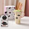 Cute Cat High Cup Girls Cup with Lid Casual Cup Ceramic Mug with Straw Birthday Gift Style