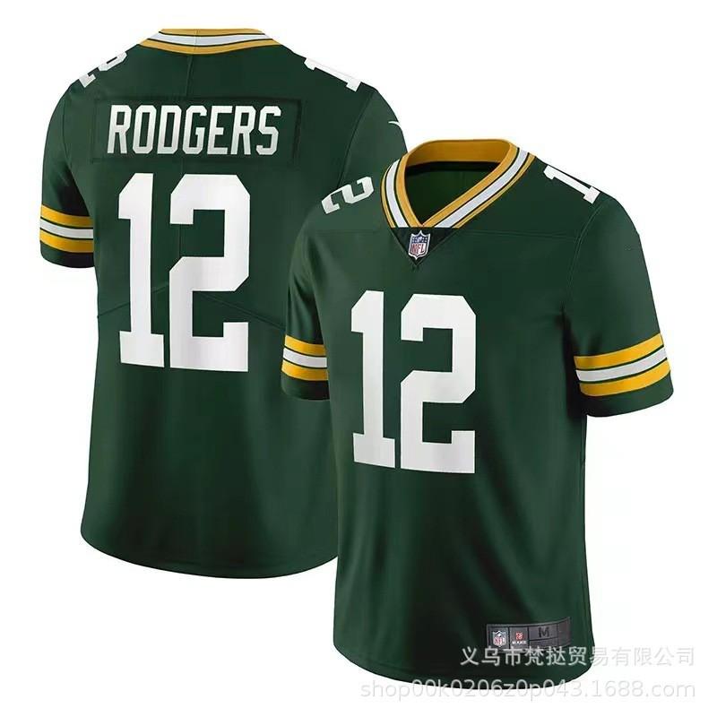 Green White NFL Bay Packers Football Jersey Men Short Sleeve V-Neck Cotton Blend Athletic Wear