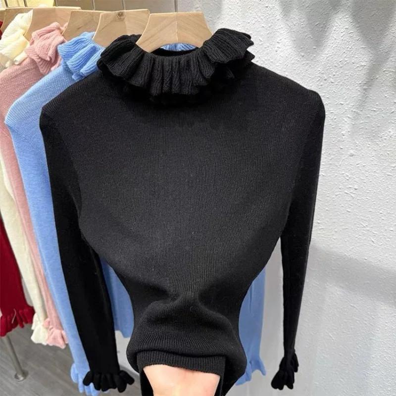 

Новая осенняя вязаная женская водолазка из высококачественной шерсти с кружевным воротником, повседневная OneSize чёрный