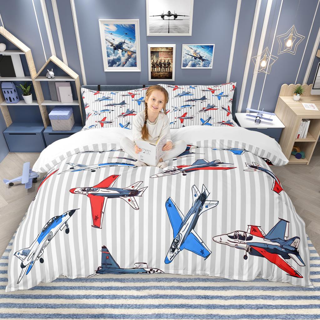 Homewish Cartoon Aircraft Train Duvet Cover Set for Children 2pcs/3pcs, Airplane Steam Engine Bedding, Transportation Bed Set
