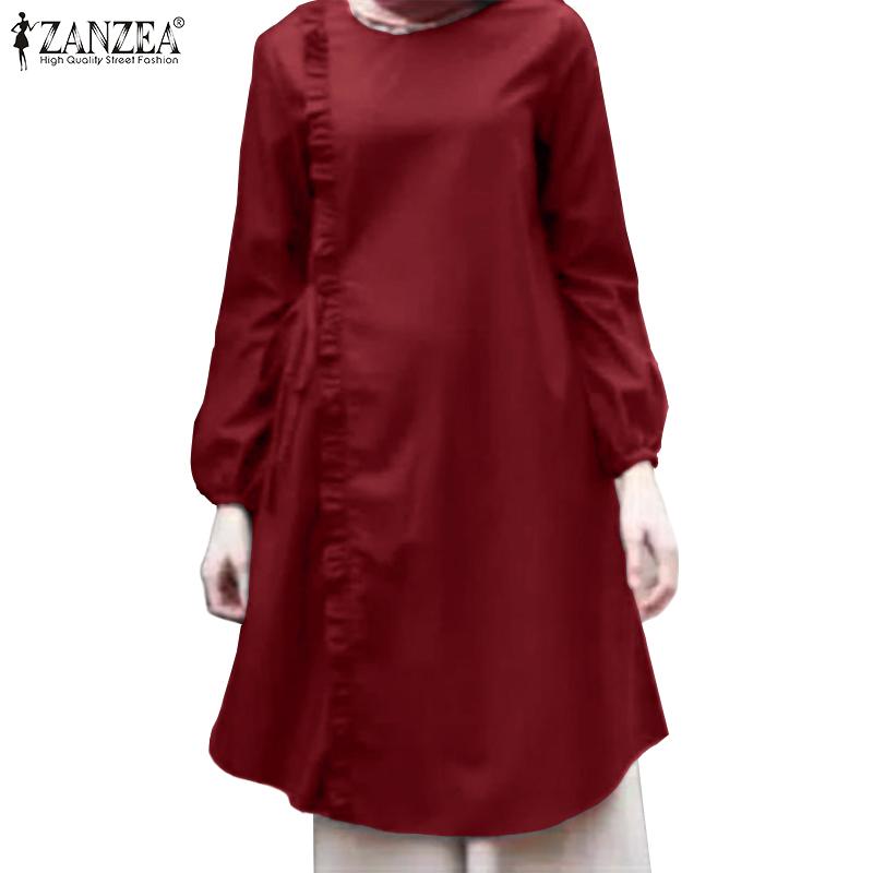 

ZANZEA Женская повседневная свободная длинная блузка в стиле ретро с длинным рукавом и круглым вырезом