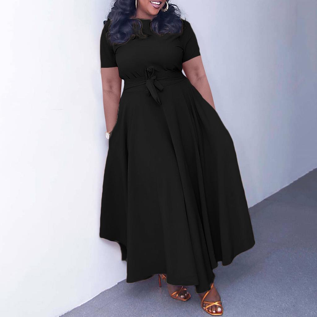 Elegant Women Dresses New Short Sleeve O Neck Sashes Pleated Ankle Length Luxury African Party Birthday Dress 5XL