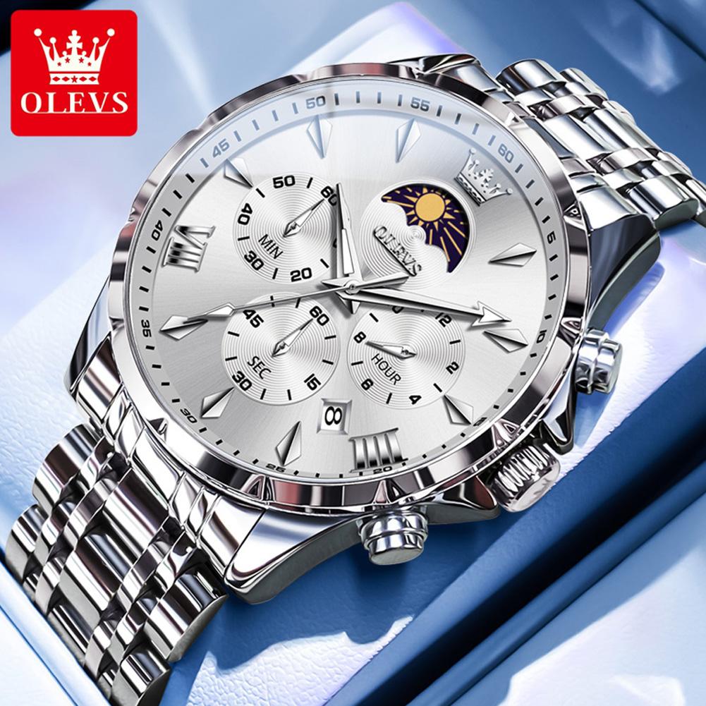 OLEVS Original Chronograph Quartz Watch For Men Moon Phase Stainless Steel Waterproof Man Watch Date Fashion Wrist Watch