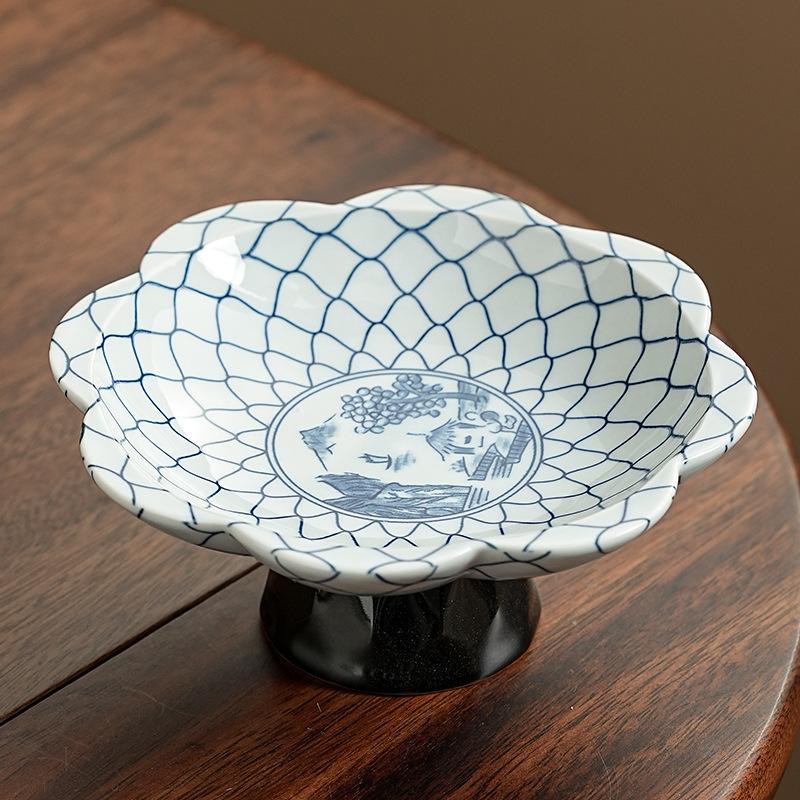 Blue and White Porcelain High Foot Dessert Plate Creative Ceramic Fruit Tray for Tea Room Dry Nuts Snacks Serving Tray