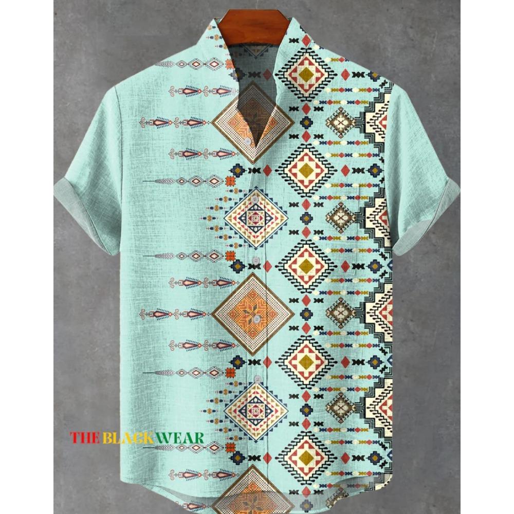 New Retro African Style Men's Retro Ethnic Tribal Short Sleeve Shirt Tops Fashion Casual Vacation Street Trend Men's Shirt Hawai