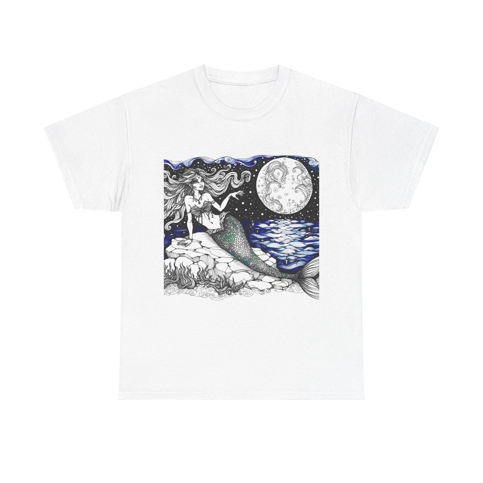 Unisex Adult T Shirt Mermaid Ocean Moonlight Pen Ink M