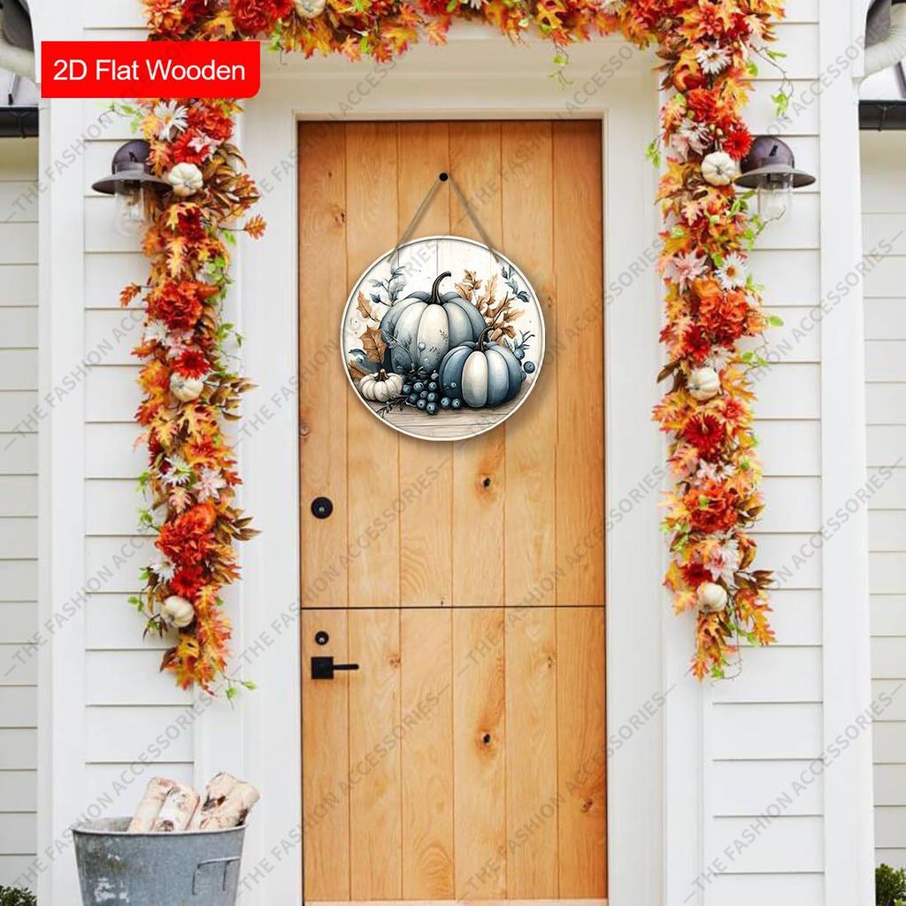 Blue White Pumpkin Round Wooden Hanging Sign, Autumn Door Wall Decor