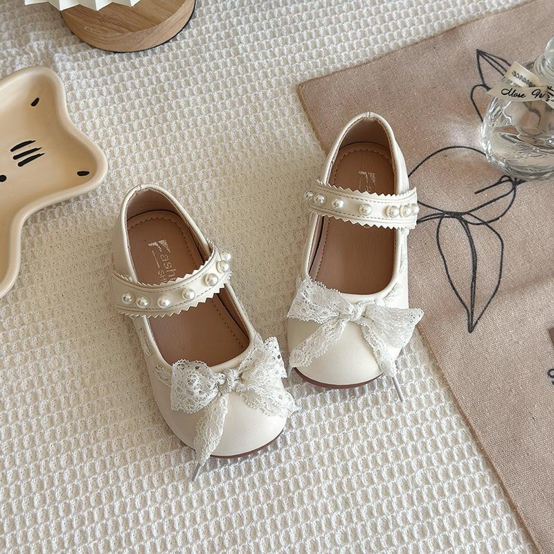 

Girls Princess Shoes Mesh Lace Bow Kids Flat Shoes Round Toes Sweet 2025 New Girls Leather Shoes for Party Wedding Cute Pearl 23 бежевый