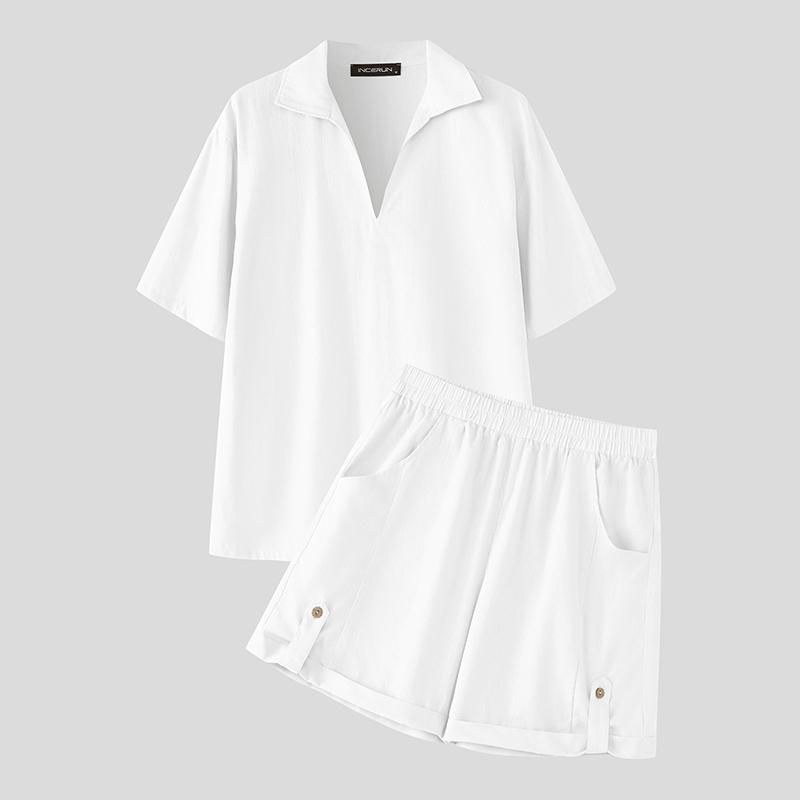 INCERUN Two Piece Suit Men V Neck Short Sleeve Shirts Shorts Casual Outfits Sets
