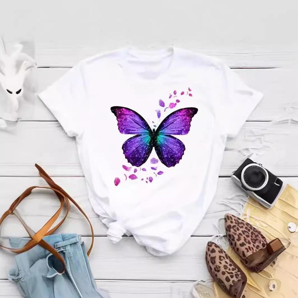 Women's Color Butterfly Petal Print T-Shirt Short Sleeve Crew Neck Cute Pattern T-Shirt Women's Top
